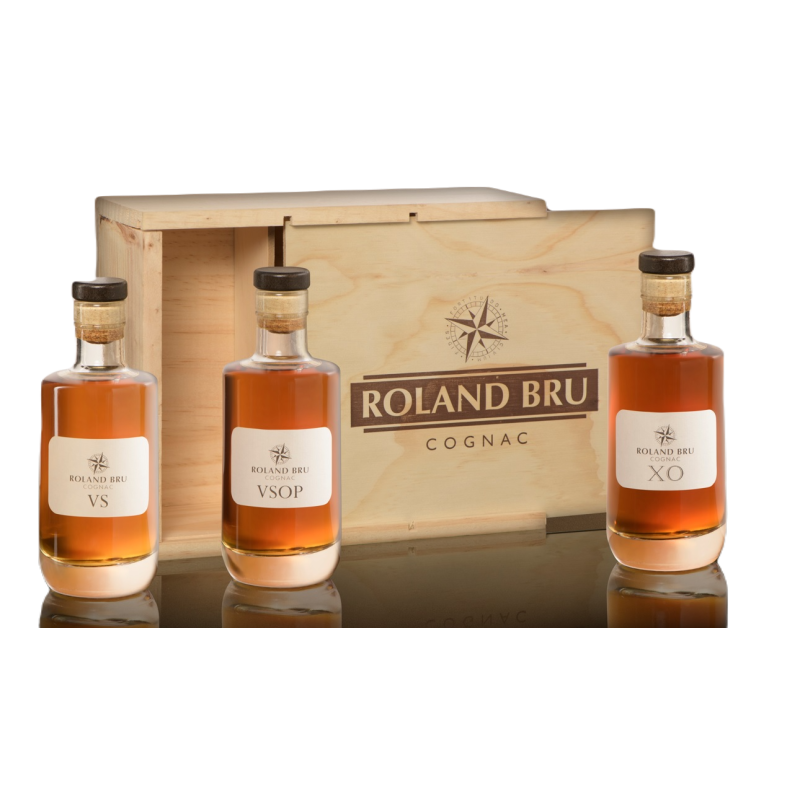 Coffret Cognac Roland Bru, 3 x 20cl, VS, VSOP, XO